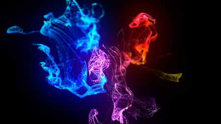 injection of fluorescent ink in water isolated on black background. 3d render of glow particles or...