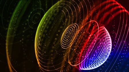 abstract sci-fi background with glow particles form curved lines, surfaces, hologram structures or virtual digital space. Motion design background with gradient color. Blue red green. Round structuresの写真素材