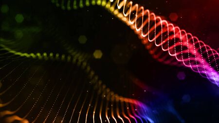 abstract sci-fi background with glow particles form curved lines, surfaces, hologram structures or virtual digital space. Motion design background with gradient color. Blue red green. 6の写真素材