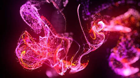 injection of fluorescent ink in water isolated on black background. 3d render of glow particles or sparks like shiny magic spell. Fantastic background of shiny ink effect advection for holiday. Depth of field and effect bokehの写真素材