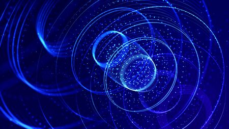 deep blue science fiction background with bokeh and light effects. Glow particles form lines,...