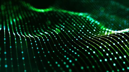 green science fiction background with bokeh and light effects. Glow particles form lines, surfaces,...