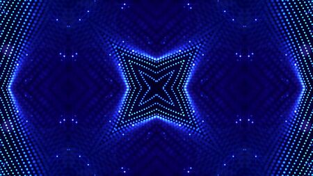 deep blue science fiction background with light effects, symmetrical pattern. Glow particles form...