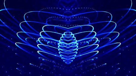 Blue motion design background with symmetrical pattern. Abstract sci-fi background with glow particles form curved lines, strings, surfaces, hologram or virtual digital space. Mirror 3d structureの写真素材