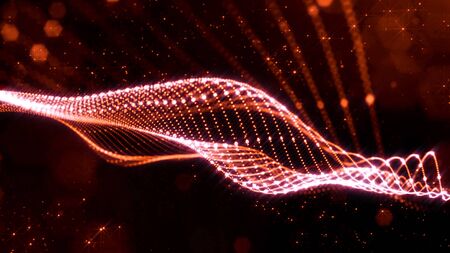 abstract sci-fi background with glow particles form curved lines, surfaces, hologram structures or virtual digital space. Red motion design background of microworld or cosmic space. Strings 27の写真素材