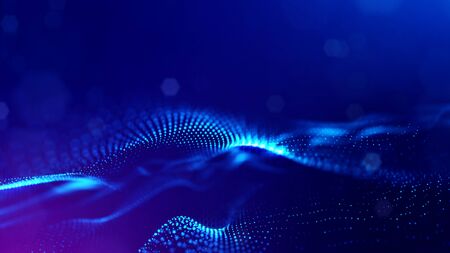 Microworld or sci-fi theme. 3d rendering background of glowing particles that form curved lines, 3d...