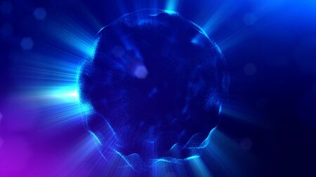3d rendering background of microworld or sci-fi theme with glowing particles form curved lines, 3d surfaces, grid structures with depth of field, bokeh. Deep blue wave round formsの写真素材