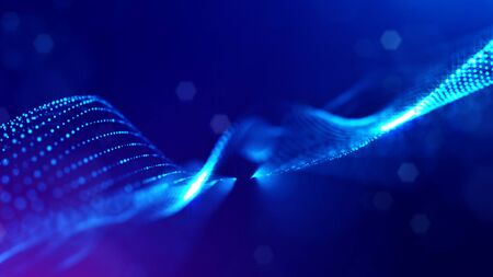 3d rendering background of microworld or sci-fi theme with glowing particles form curved lines, 3d surfaces, grid structures with depth of field, bokeh. Deep blue wave formsの写真素材