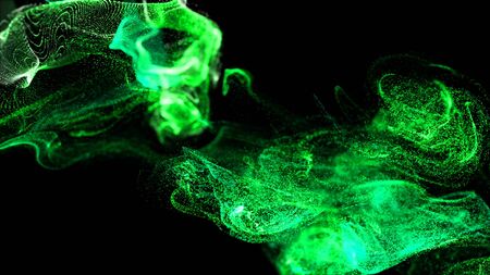 injection of fluorescent ink in water isolated on black background. 3d render of glow particles as fantastic background of shiny ink effect advection with depth of field.の写真素材
