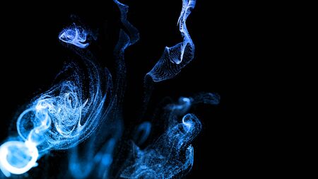 injection of blue fluorescent ink in water isolated on black background. 3d render of glow particles...