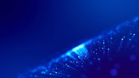 Blue light rays like laser show for bright festive presentation3d rendering of abstract blue background with glowing particles like micro world science fiction with depth of field and bokeh.の写真素材