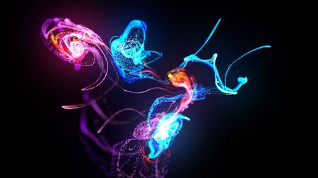 injection of fluorescent ink in water isolated on black background. 3d render of glow particles or...