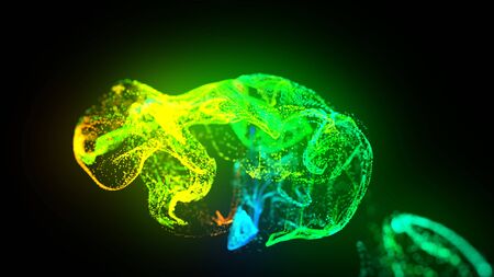 injection of fluorescent ink in water isolated on black background. 3d render of glow particles or...