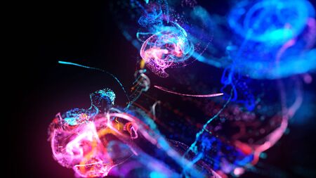 injection of fluorescent ink in water isolated on black background. 3d render of glow particles or...