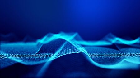 abstract blue background of glow particles form lines, surfaces as futuristic landscape in...