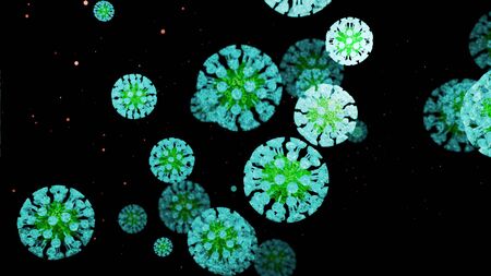 close-up coronavirus type covid-19, h1n1, bird flu or swine flu background. 3d rendering of representation of virus as microbiological microscopic background. Blue green gradient colorsの写真素材