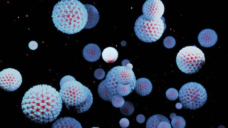 close-up coronavirus type covid-19, h1n1, bird flu or swine flu background. 3d rendering of representation of virus as microbiological microscopic background.の写真素材