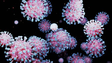 close-up coronavirus type covid-19, h1n1, bird flu or swine flu background. 3d rendering of representation of virus as microbiological microscopic background. Blue red gradient colorsの写真素材