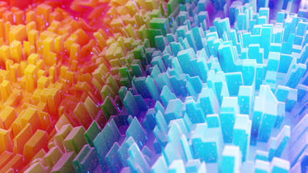 Beautiful abstract 3D background with gradient rainbow colors, surface with abstract waves or extruded wavy pattern on surface. Color gradient, soft matte material with glitter sparkles.の写真素材