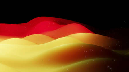 3d rendering. Abstract 3D surface with beautiful waves, luminous sparkles and bright red yellow...