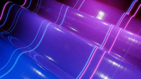 3d rendering. Abstract 3D surface with beautiful waves, luminous sparkles and bright blue purple color gradient. Waves on very shiny, glossy surface with glow glitterの写真素材