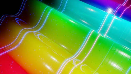 3d rendering. Abstract 3D surface with beautiful waves, luminous sparkles and bright rainbow color...