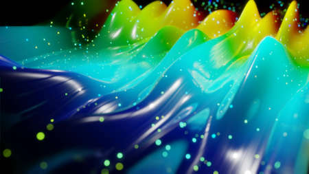 3d rendering. Abstract 3D surface with beautiful waves, luminous sparkles and bright rainbow color...