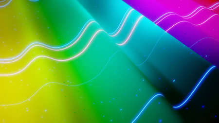 3d rendering. Abstract 3D surface with beautiful waves, luminous sparkles and bright rainbow color gradient. Waves on very shiny, glossy surface with glow glitterの写真素材