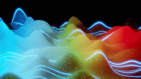 3d rendering. Abstract 3D surface with beautiful waves, luminous sparkles and bright blue red yellow...
