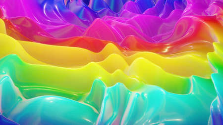 3d rendering. Festive abstract liquid rainbow color gradient background. Abstract wavy pattern on bright glossy surface. Creative backdropの写真素材