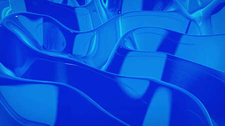 3d rendering abstract fluid background. Beautiful wavy glass surface of blue liquid with pattern, gradient color and flow waves on it.の写真素材