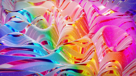 3d rendering abstract background. Beautiful iridescent wavy surface of liquid with pattern, gradient color and flow waves on it.の写真素材