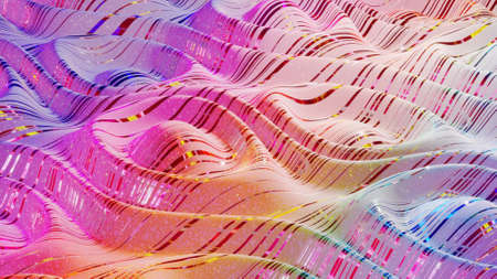 3d rendering abstract background. Beautiful iridescent wavy surface of liquid with pattern, gradient...