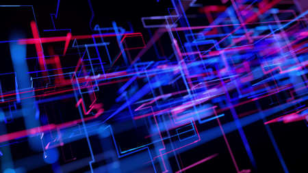 3d rendering like abstract hologram. Multi color neon glow lines form digital 3d space.