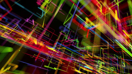 3d rendering like abstract hologram. Multi color neon glow lines form digital 3d space.