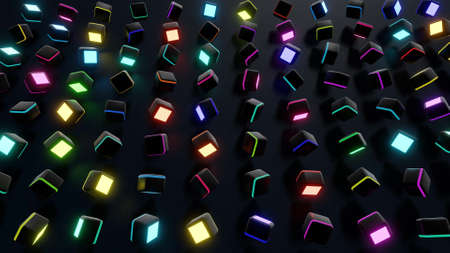 3d render. Dark background with abstract blocks on plane like devices with screen lighting with...