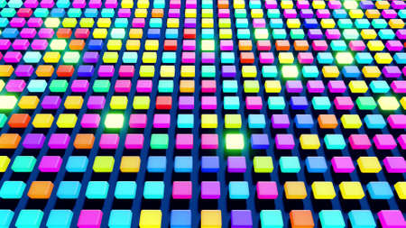3d render. Abstract background with cubes lined up in rows on a plane, neon lighting of cubes.