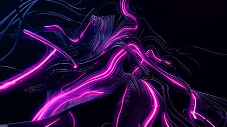3d render. Abstract bg with lines. Purple flash of curved lines. Concept of computing neural...