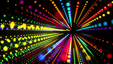 abstract 3d background with glowing particles lined up in rows in 3d space. Festive bg with multicolored particles. Motion design background. 3d renderの写真素材