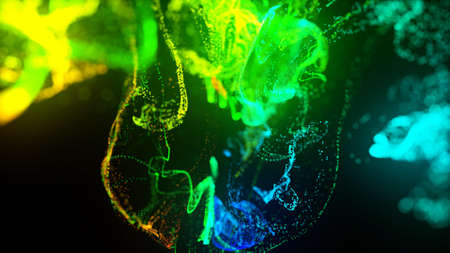 3d render. Injection of fluorescent ink in water isolated on black background. of glow particles or...