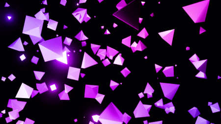 3d render. Abstract festive background with red blue gradient color pyramids on a plane flashing...