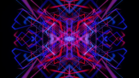 3d render. Abstract bg with pattern of glow blue red lines. Abstract laser show. Pattern like geometric structure in the air. Kaleidoscopic simmetrical structure with linesの写真素材