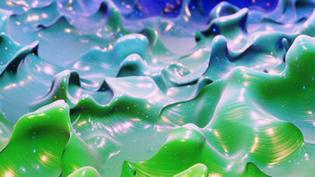 Liquid gradient green blue. Bright glossy paint surface as abstract festive background. Glitters on...