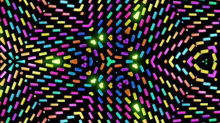 3d render. Abstract symmetrical background, 3d elements light up like bulbs with multicolor neon...