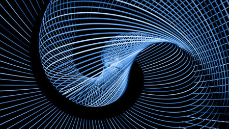 3d render. Abstract geometric bg with rings form complex twisted spiral and light effects. Rings flash neon blue lights. Neon ring bulbs for show or events, festivalsの写真素材