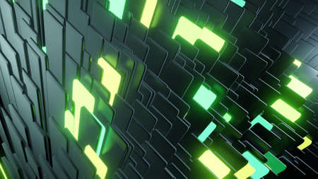 3d render. Simple geometric background with black plates flashing like green yellow neon lights....