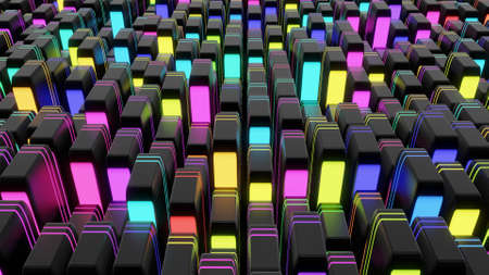 3d render. Dark background with abstract blocks on plane like devices with screen lighting with multicolor neon light.の写真素材