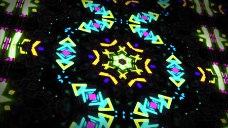 dark background with abstract symmetrical mechanism and neon light, DOF. Science fiction cyberpunk bg. 3d renderの写真素材