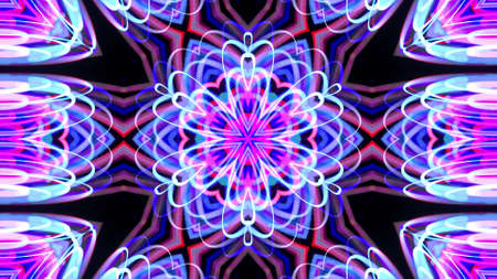 3d render. Abstract bg with pattern of glow blue purple lines. Pattern like flower, star or mandala of glow curved lines. Kaleidoscopic simmetrical structure. Abstract laser show with linesの写真素材