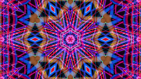 3d render. Abstract laser show. 4k abstract bg with pattern of glow multicolor lines. Pattern like flower, star or mandala of glow curved lines. Kaleidoscopic simmetrical structure with linesの写真素材